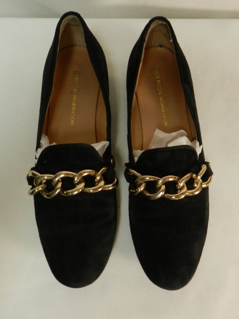 Sigerson Morrison Suede gold Chain link flats loafers slides black Size Sz 7.5